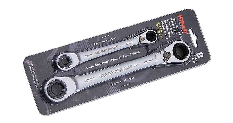 4-IN-1 REVERSIBLE GEARTECH® DOUBLE BOX WRENCH SET IN PVC SINGLE BLISTER
